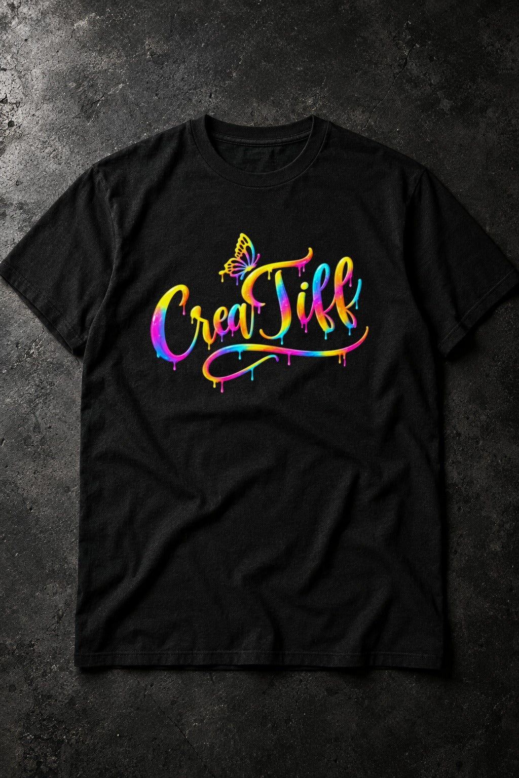 Black t-shirt with the colorful CreaTiff logo