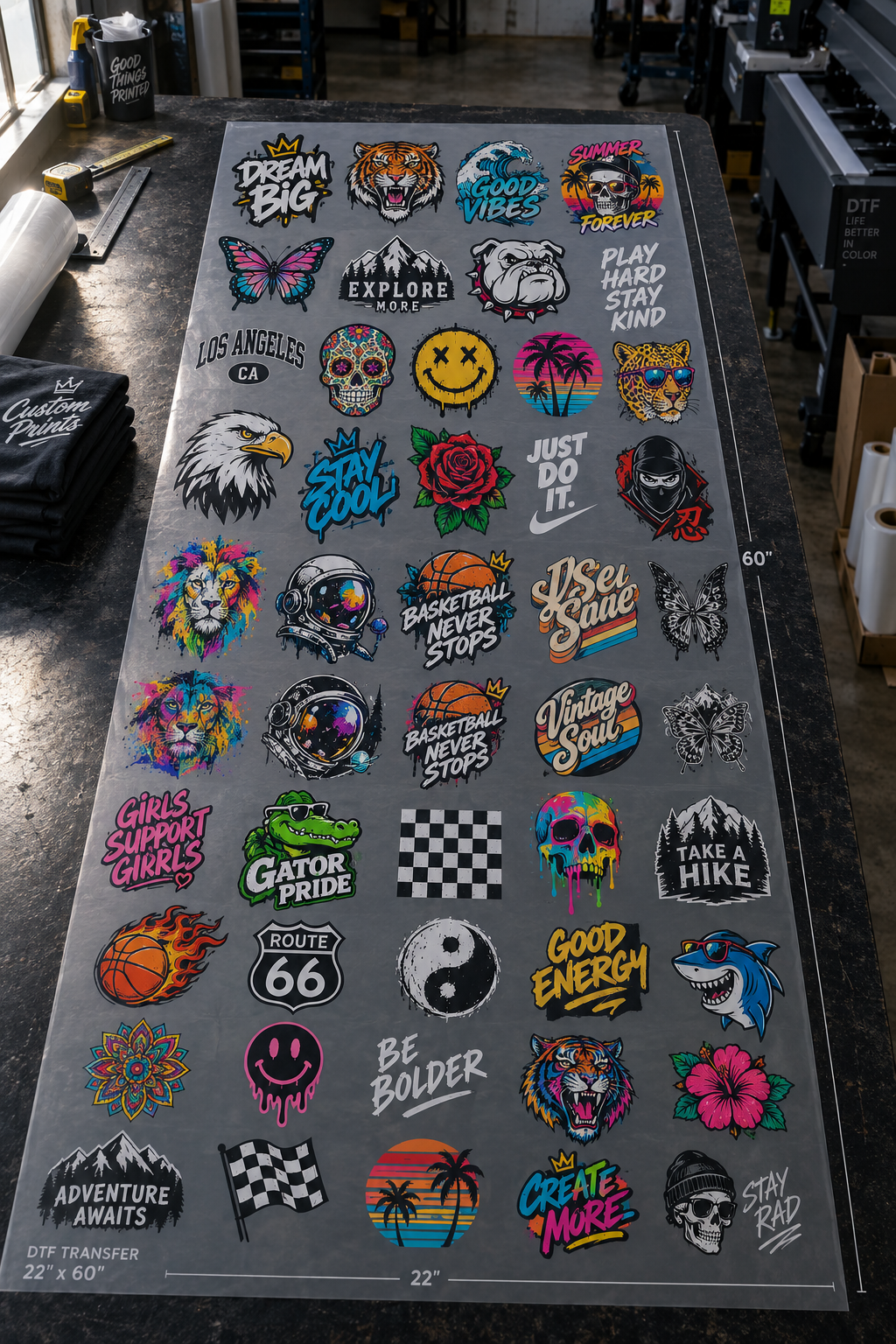 Gang sheet packed with many custom DTF transfer designs