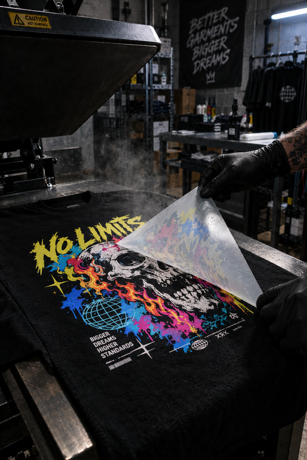 Custom DTF transfer being pulled from the heat press
