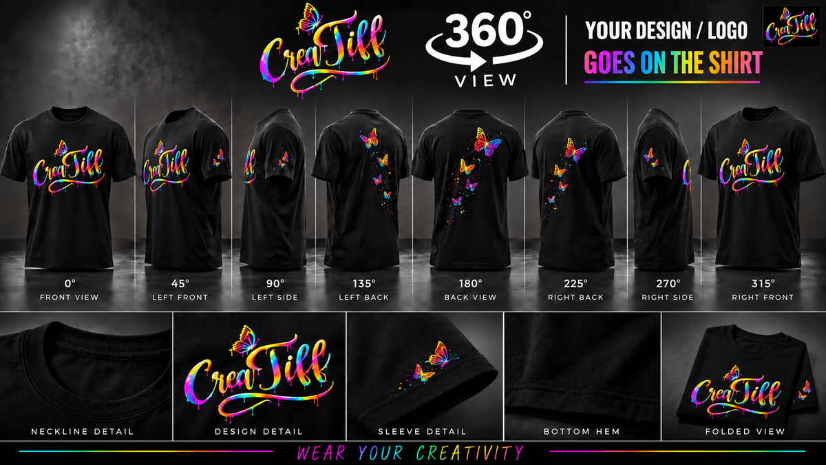 Custom Printed Tee with CreaTiff rainbow butterfly branding.