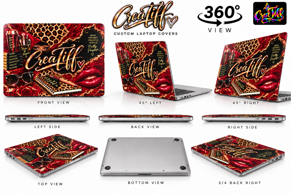 Custom Laptop Cover with CreaTiff rainbow butterfly branding.