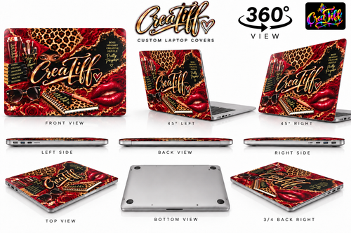 Custom Laptop Cover with CreaTiff rainbow butterfly branding.