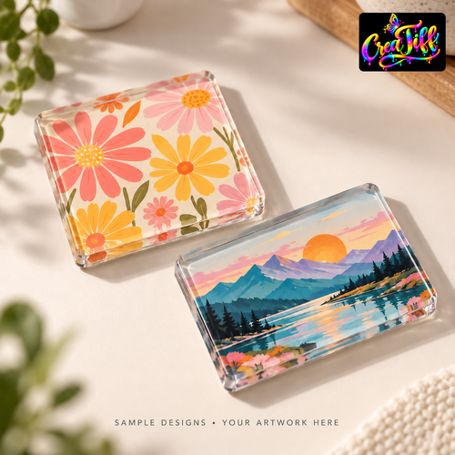 Illustrative square and rectangular acrylic magnets with sample designs; your artwork goes here. CreaTiff rainbow butterfly branding.