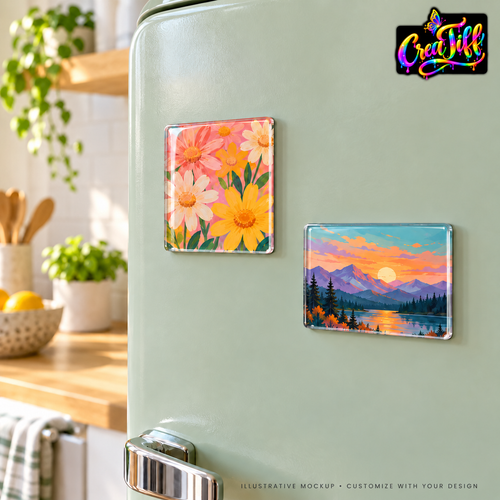 Illustrative mockup of custom acrylic fridge magnets on a refrigerator. CreaTiff rainbow butterfly branding.