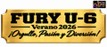 Gold plaque example with custom black lettering: FURY U-6, Verano 2026. CreaTiff rainbow butterfly branding.