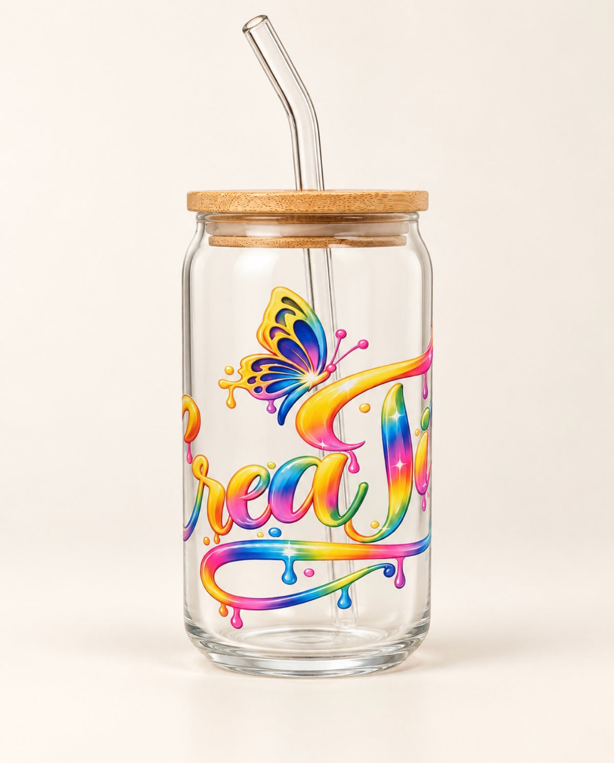 Front view of custom clear glass tumbler with bamboo lid and straw