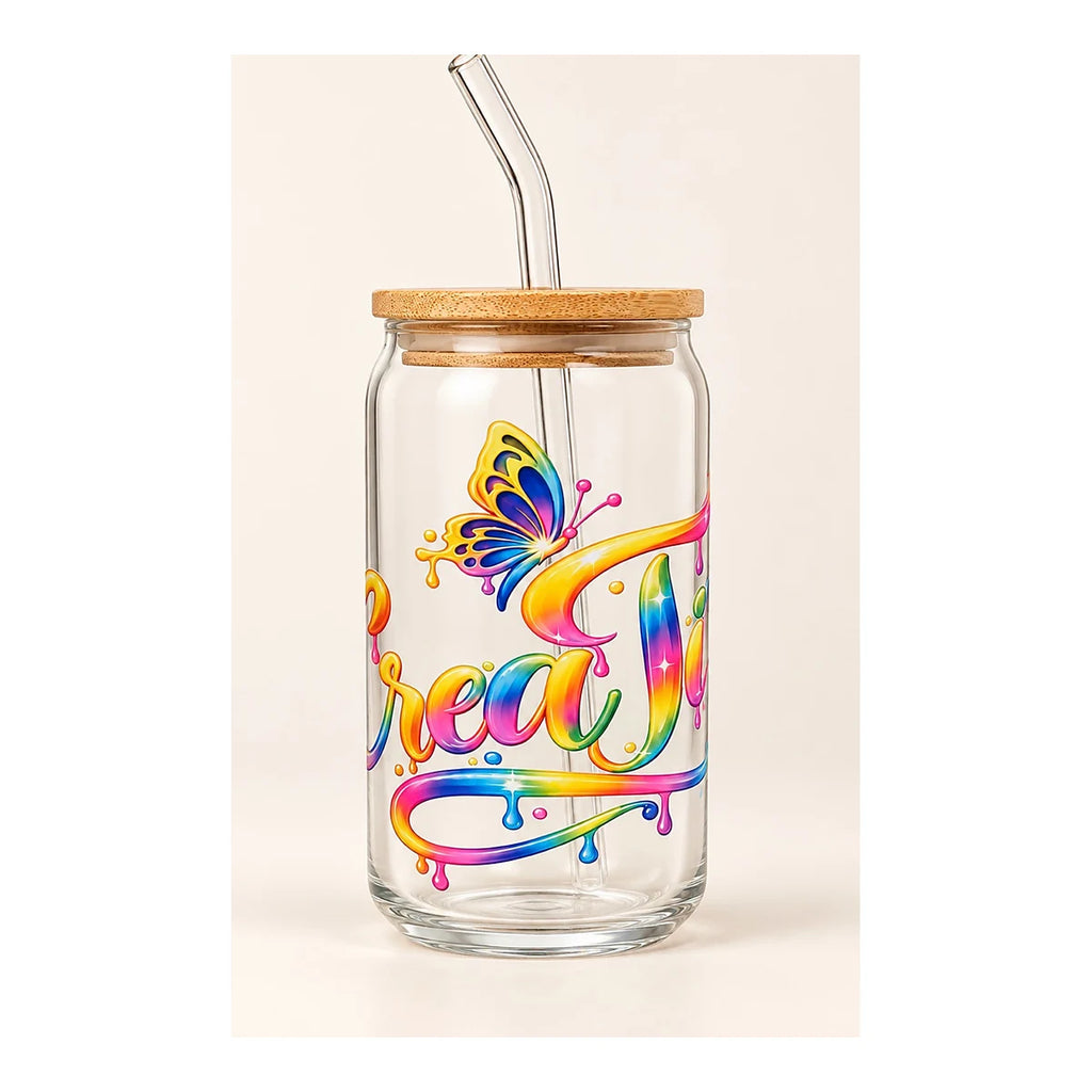 Custom glass tumbler with bamboo lid and colorful personalized design