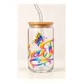 Custom glass tumbler with bamboo lid and colorful personalized design