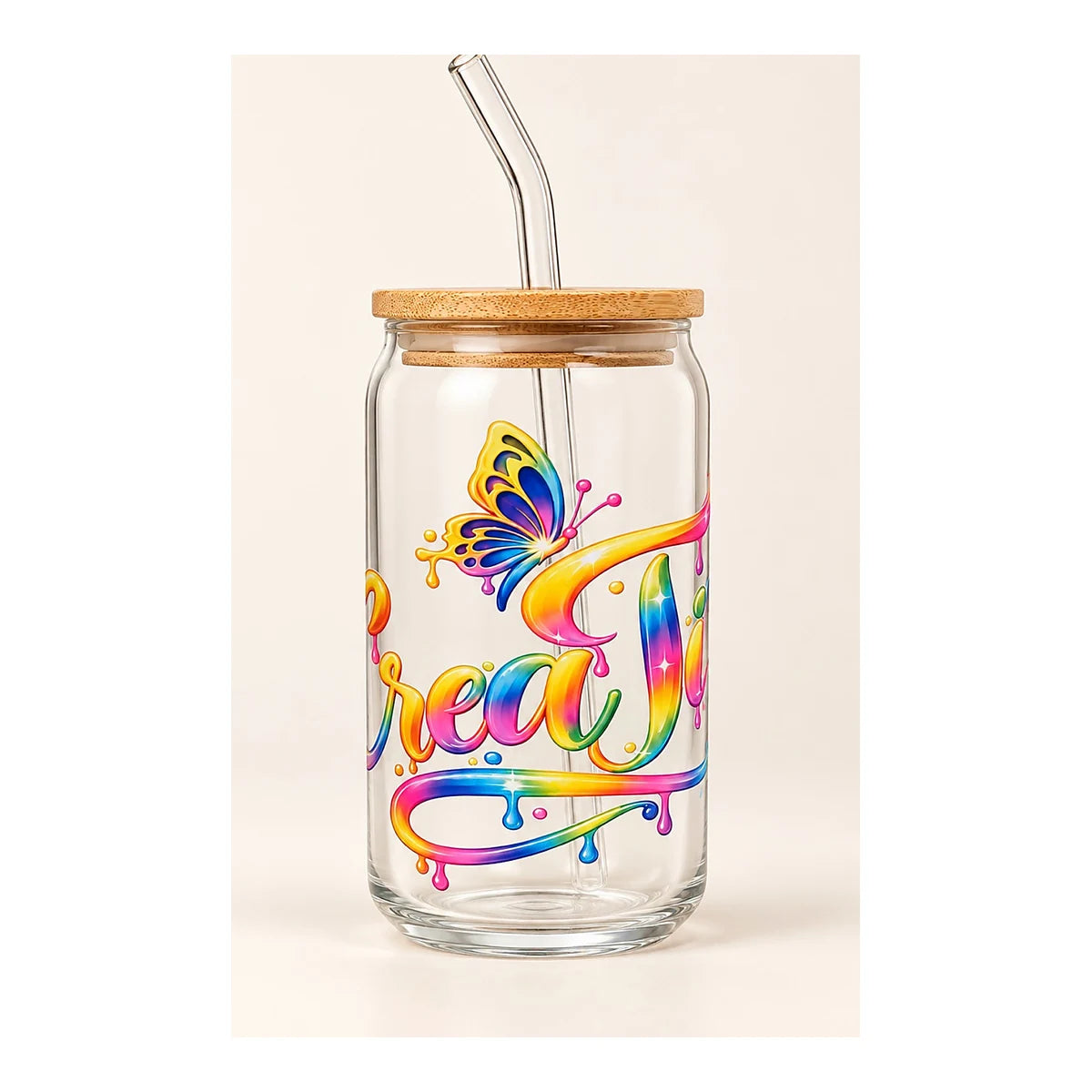 Custom glass tumbler with bamboo lid and colorful personalized design