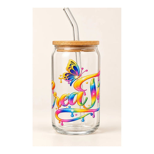 Custom glass tumbler with bamboo lid and colorful personalized design
