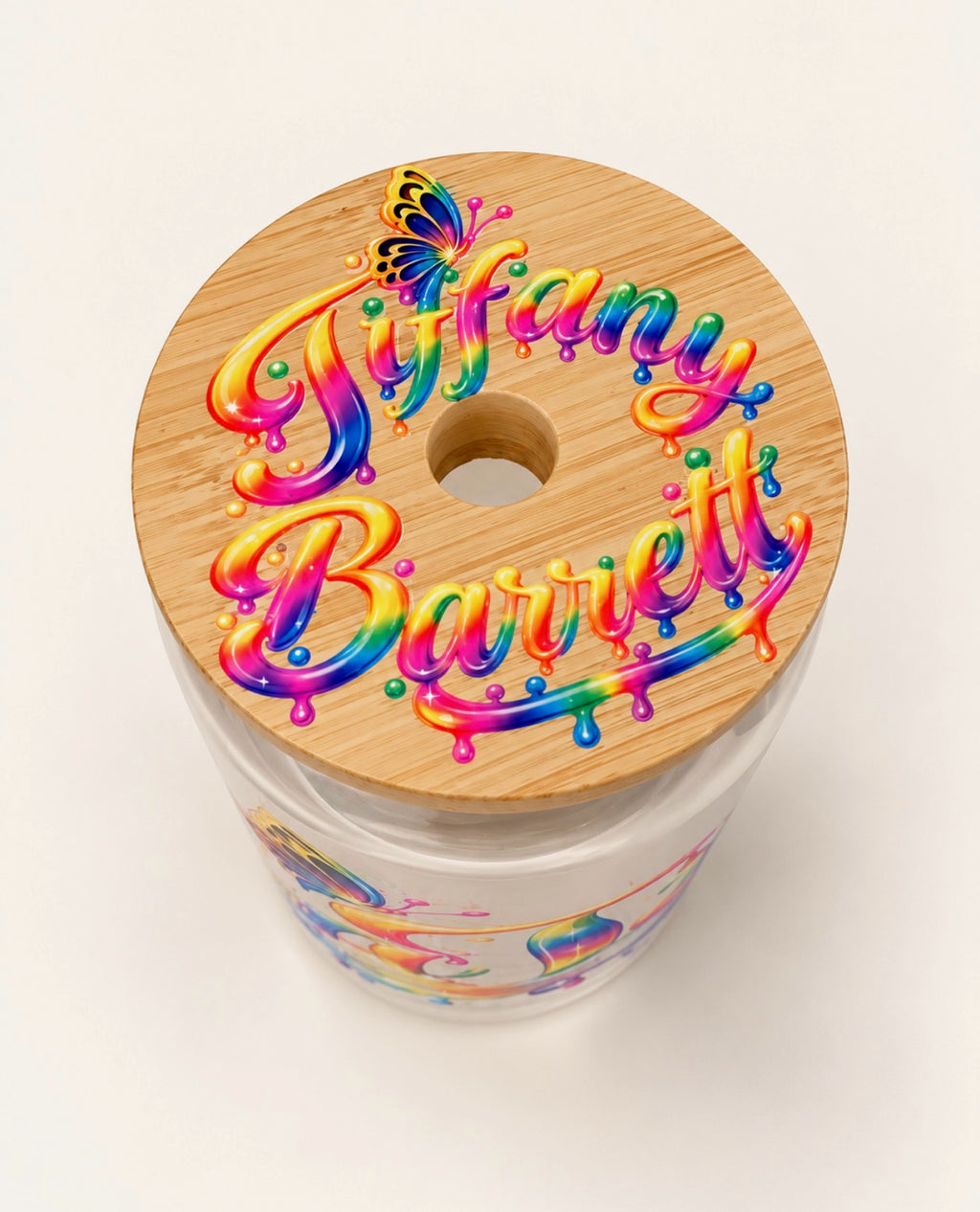 Top view of custom bamboo tumbler lid with personalized design